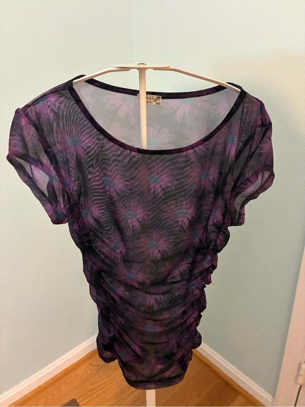 Black and Purple Free People Purple Floral Mesh Ruched Short-Sleeve Baby Tee Top